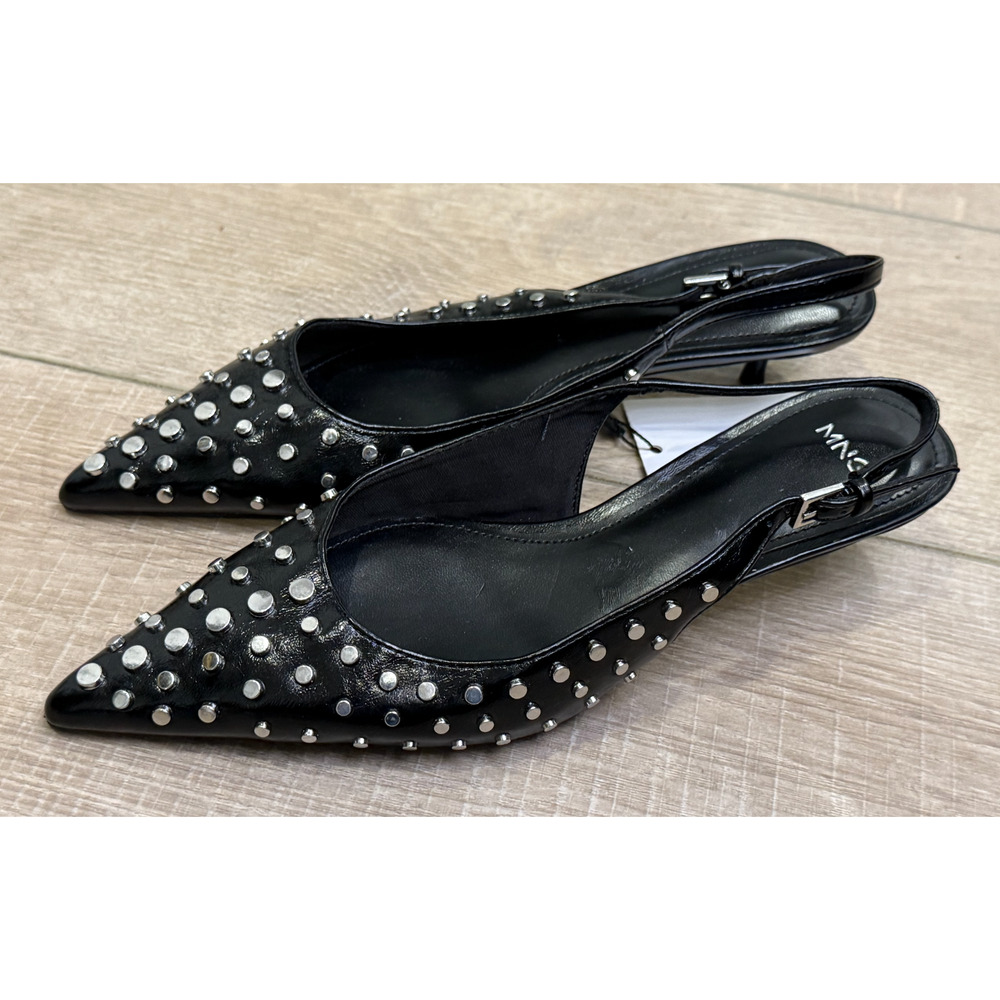 NEW MANGO MNG BLACK STUDDED KITTEN HEELS SLINGBACK PUMPS SHOES SZ 6.5 37 - Picture 11 of 14